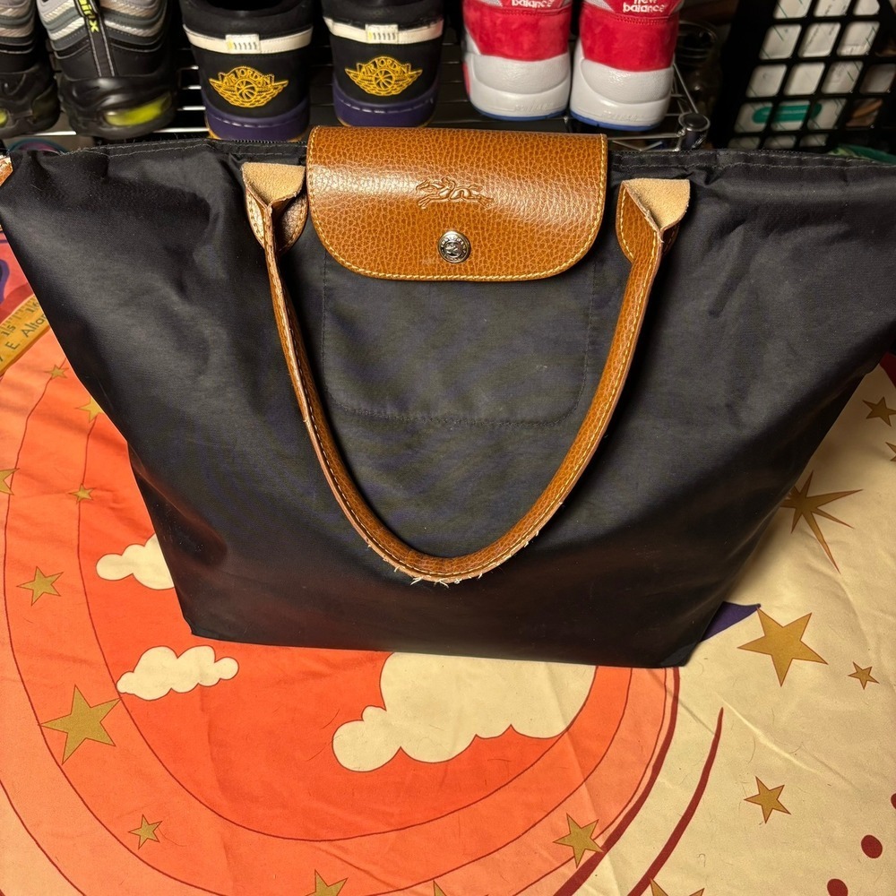 Longchamp Le Pliage Large Shoulder Tote Bag Black Nylon Brown Leather Trim
